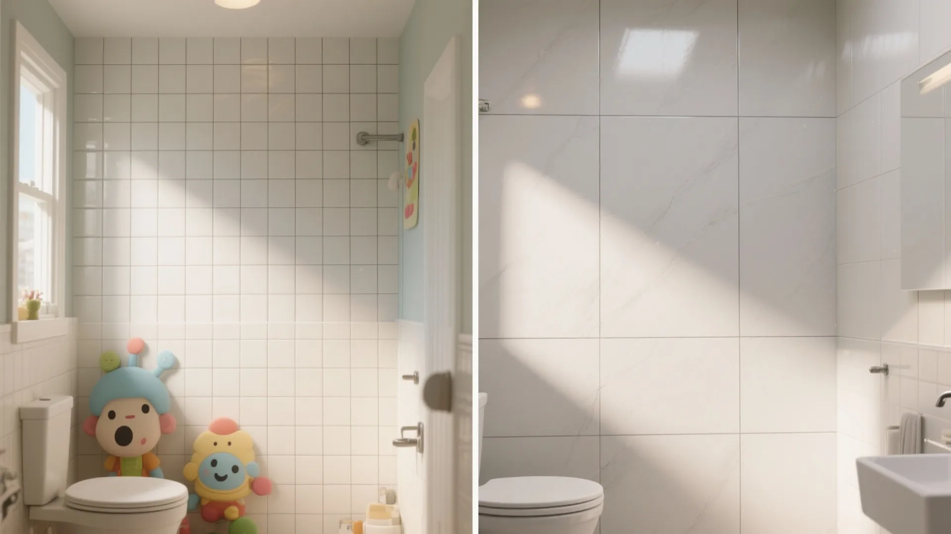 Before-and-after comparison of a small tiled bathroom with toys versus a clean white marble bathroom