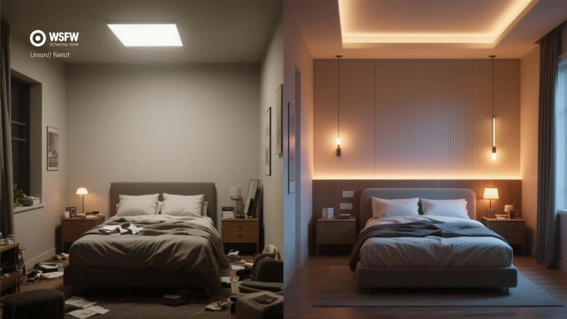 Before-and-after of a small bedroom showing the transformation from single harsh overhead lighting to layered warm lighting.
