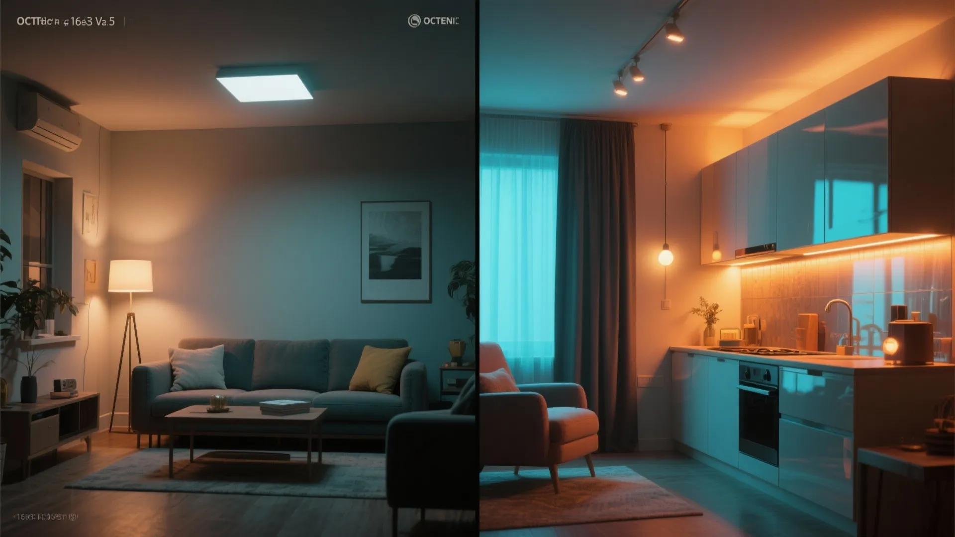 Before and after comparison showing living room with cool light versus kitchen with warm light