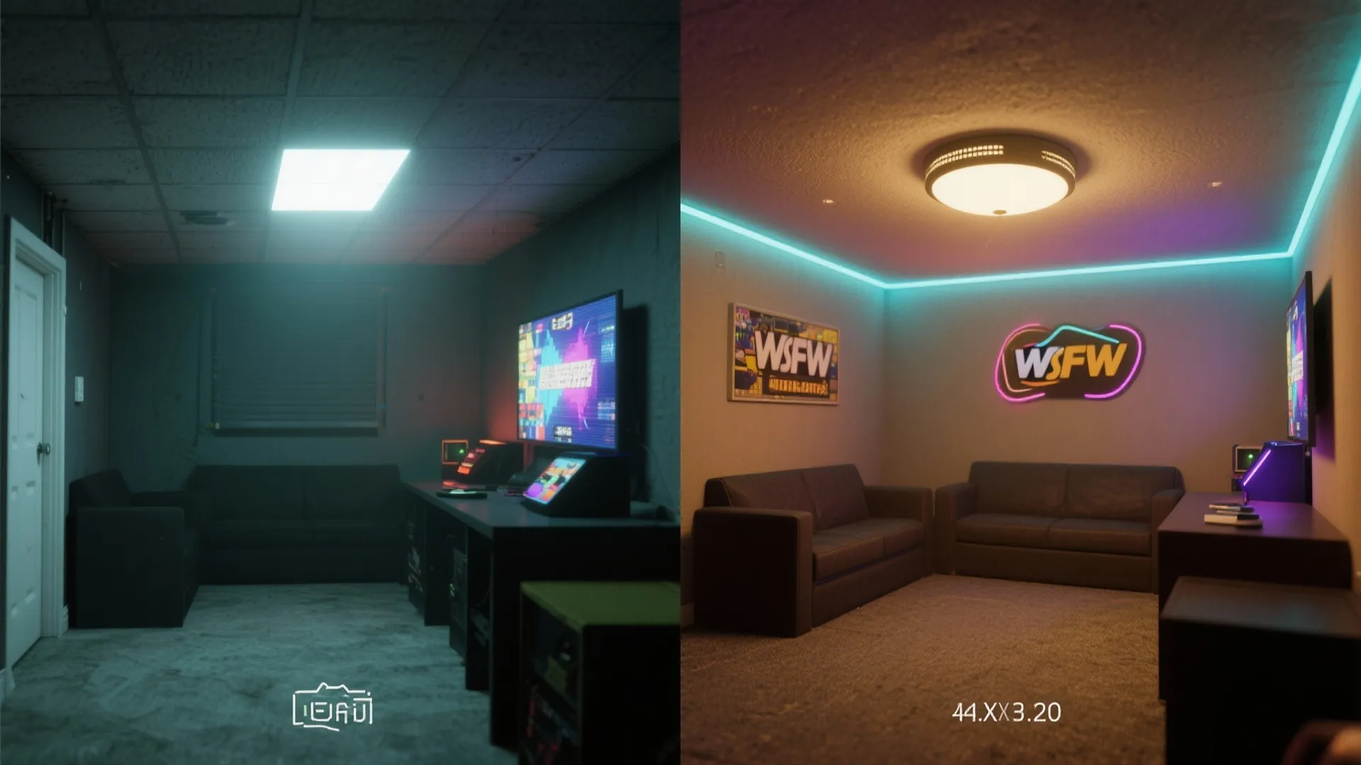 Before and after comparison showing a dark basement room transformed into a bright neon gaming space