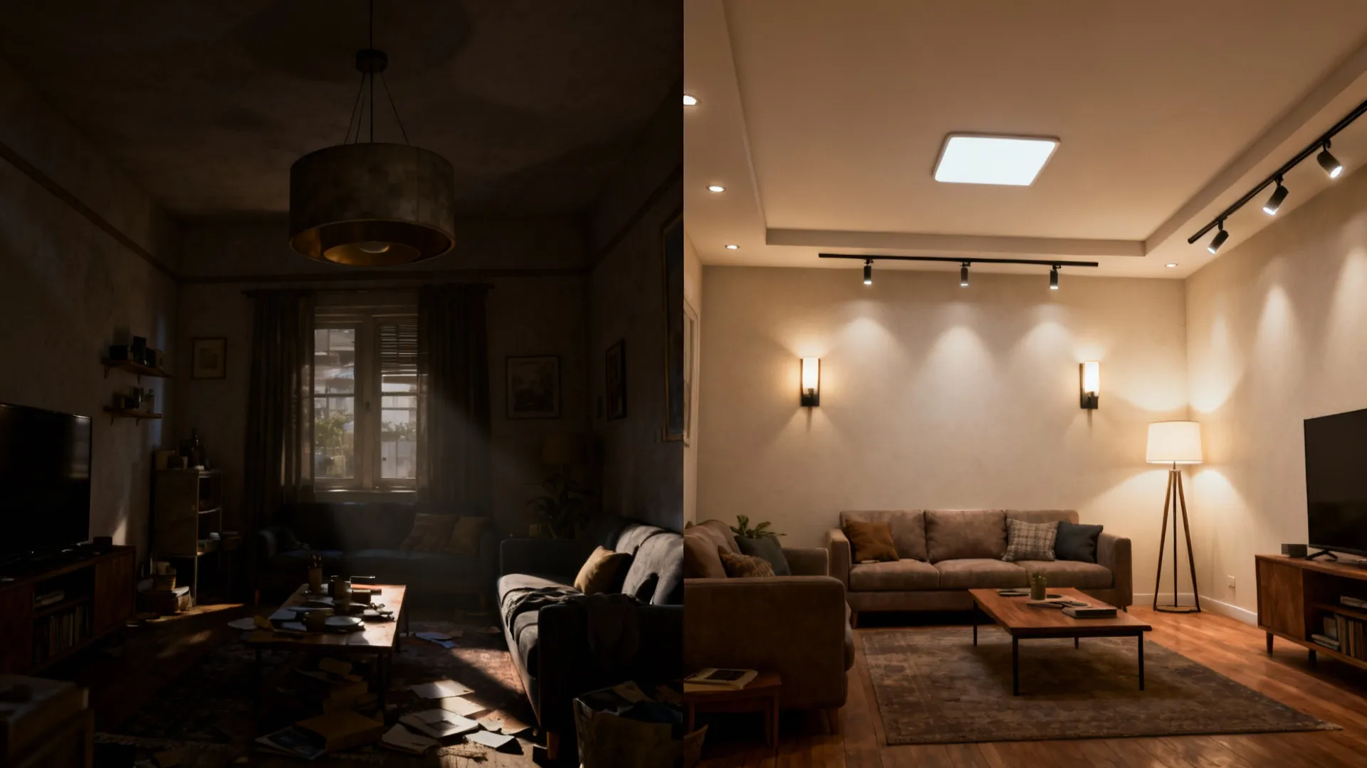 Before-and-after comparison showing transformation of a low-ceiling living room using layered, shallow lighting solutions