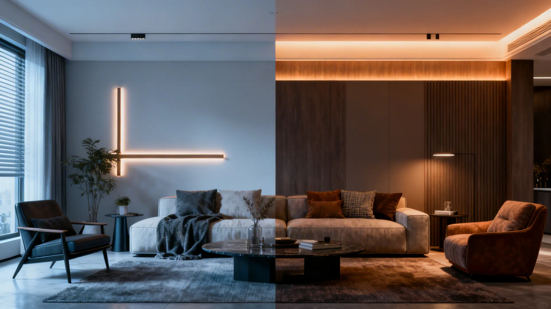 Before-and-after living room lighting comparison showing cold 6500K versus warm layered lighting.