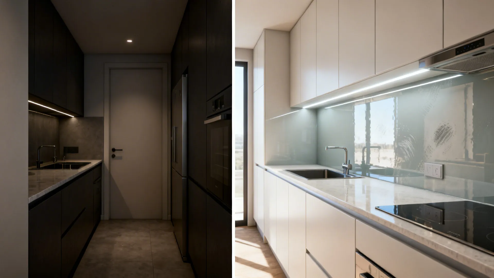 Before and after small kitchen showing darker cramped layout versus pale cabinets, glossy backsplash and integrated LED lighting