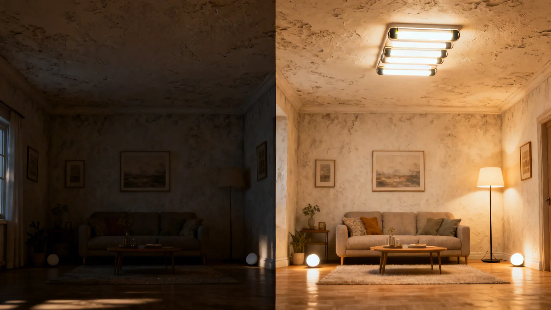 Before-and-after comparison of a living room without and with layered battery ceiling lighting, showing improved brightness and warmth.