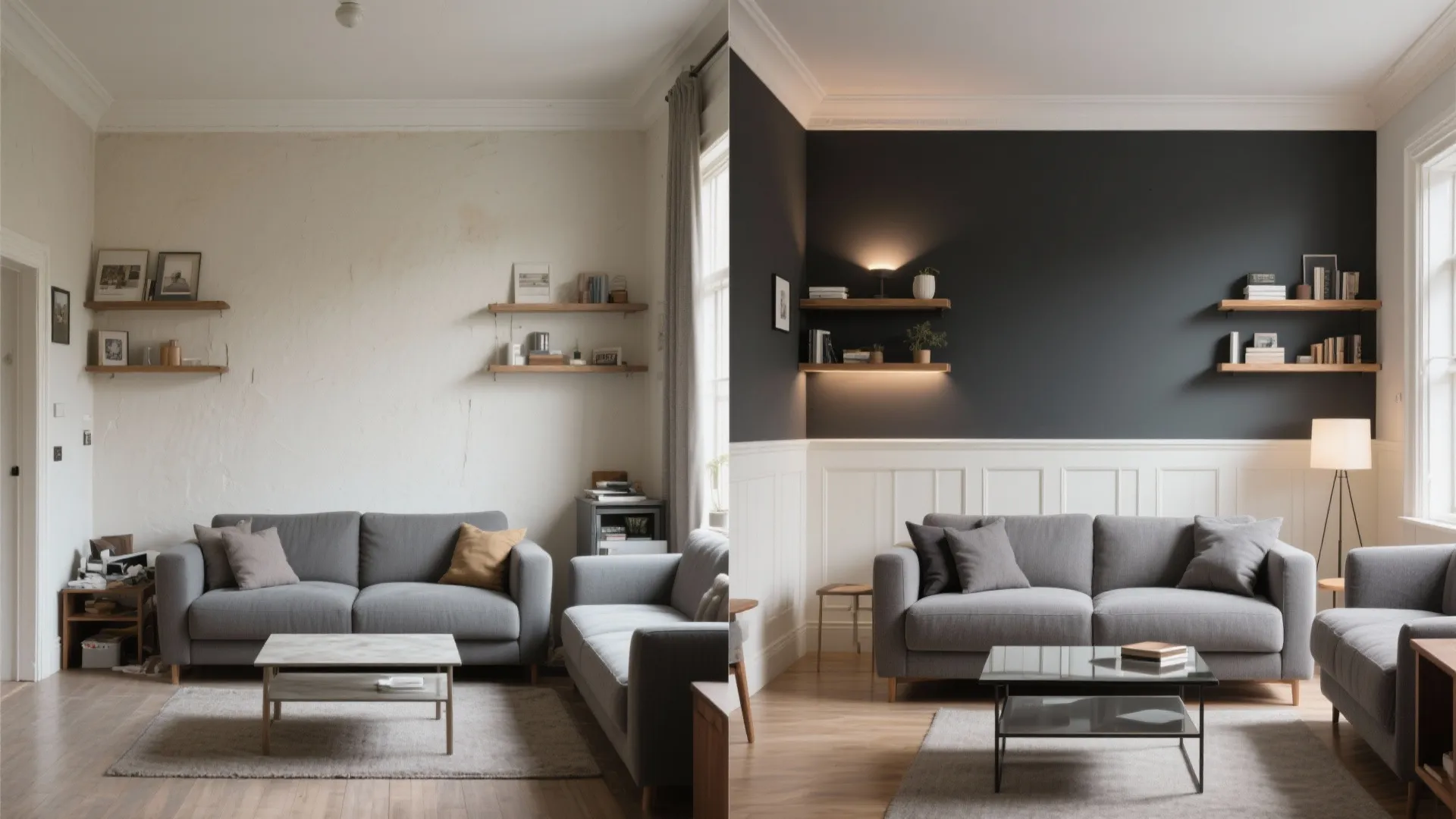 Before and after comparison of a small living room transformed with a charcoal accent wall and layered design.