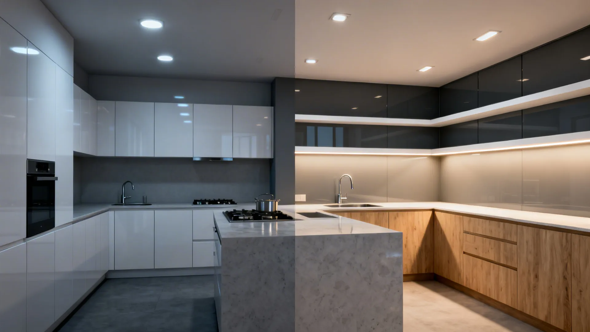 Before-and-after of a windowless L-shaped kitchen showing improved lighting, materials, and layout.