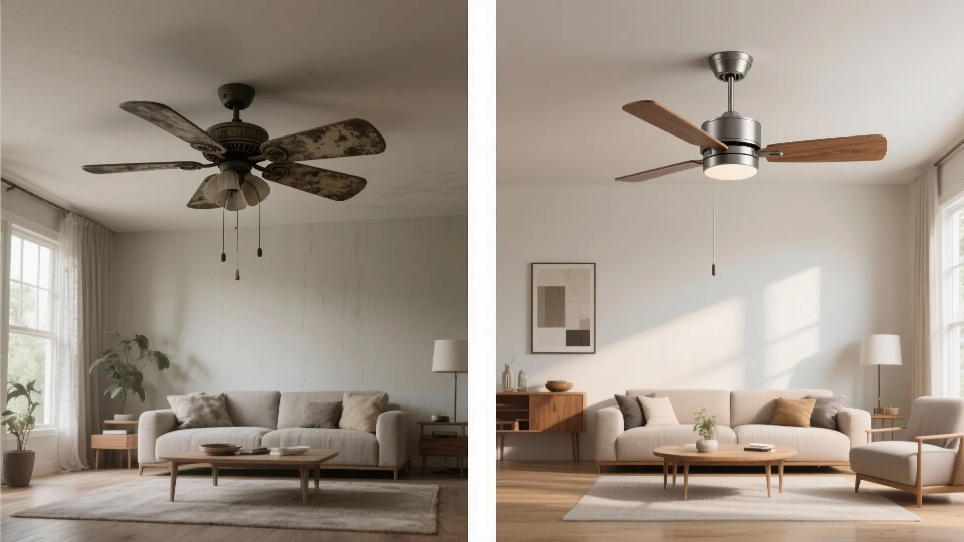 Side-by-side living room comparison showing an outdated fan versus a refined, well-proportioned ceiling fan upgrade.