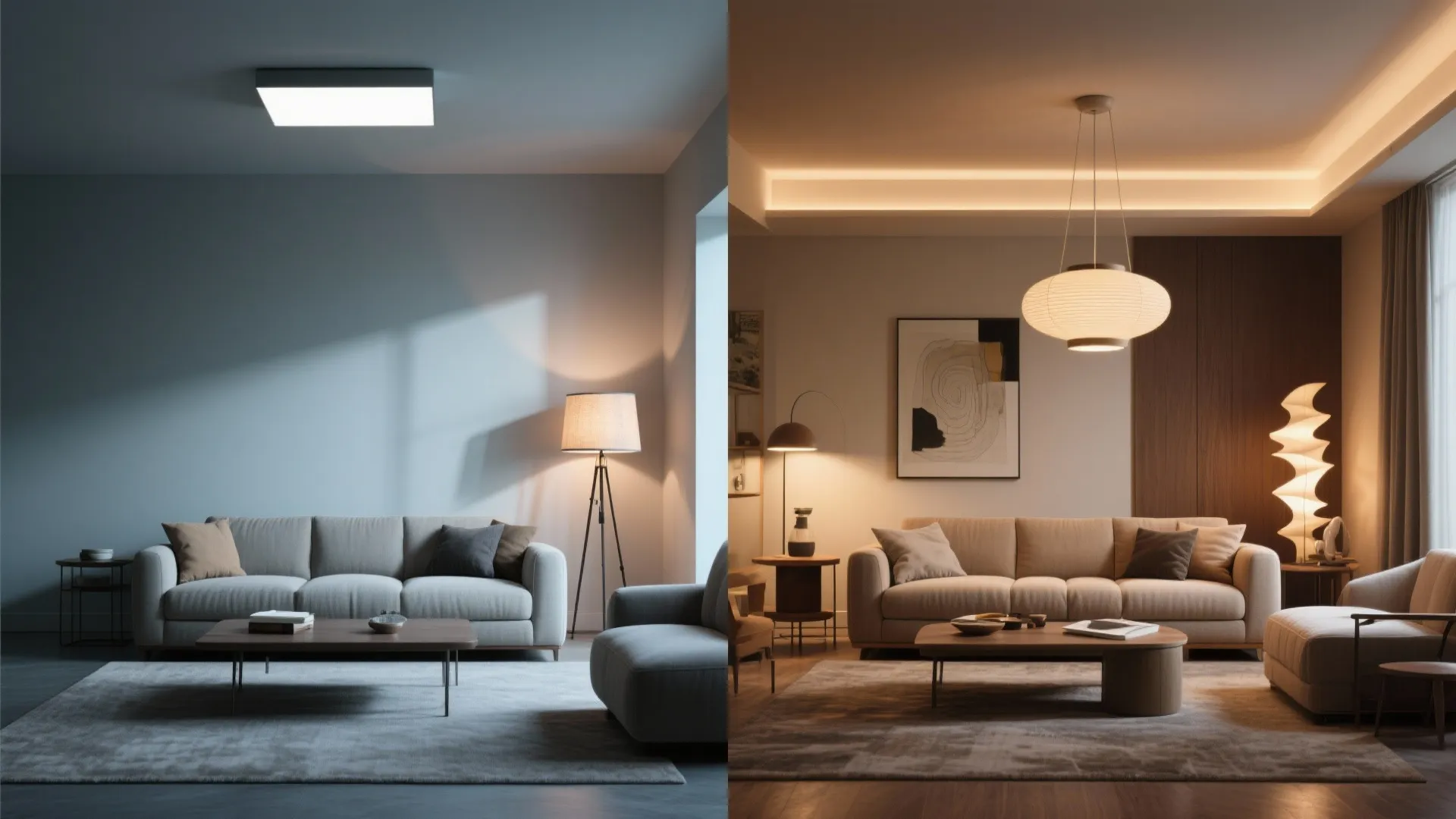 Before and after comparison showing cold ceiling light versus warm layered living room light fixture