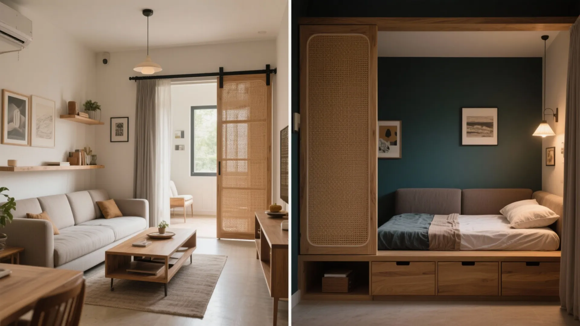 Flexible Living: Sliding Partition + Sofa Bed Combo