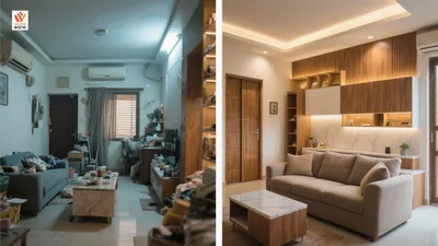 Living Room Transformation with Wood Accent Wall & Smart Storage