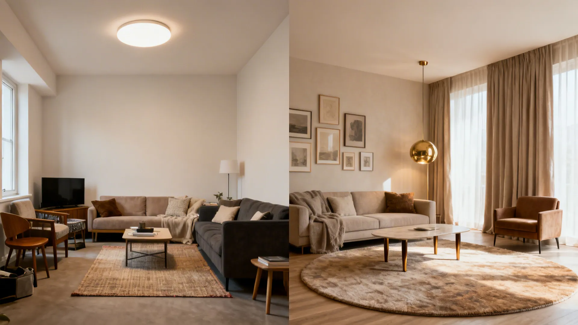 Before-and-after of a small living room transforming from cluttered to layered warm minimalism.