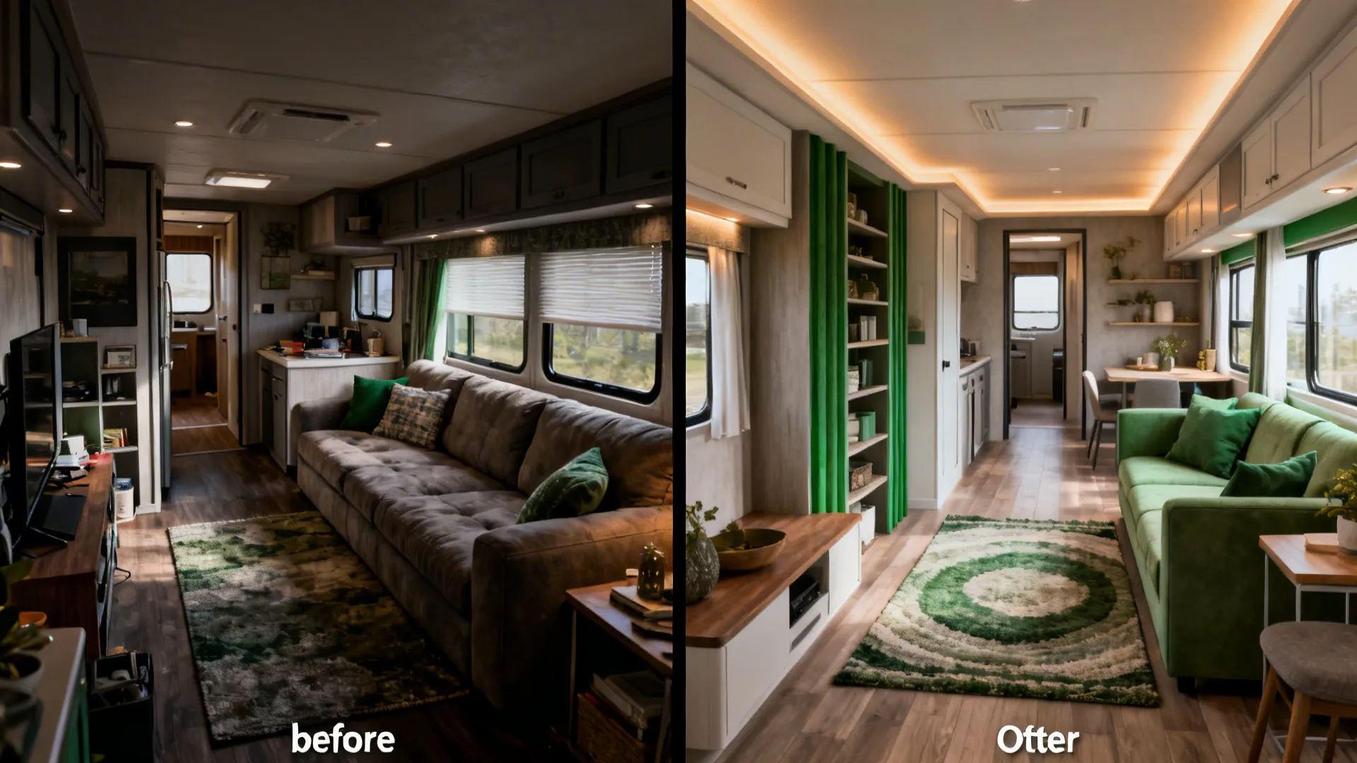 Before-and-after showing a cramped living room transformed into an open, functional space with scaled furniture and storage.
