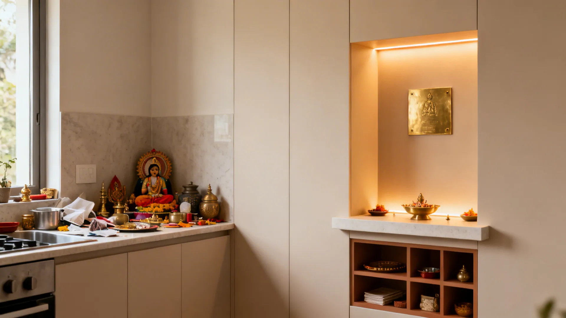 Before and after comparison of a cluttered kitchen counter versus a clean modern wall niche