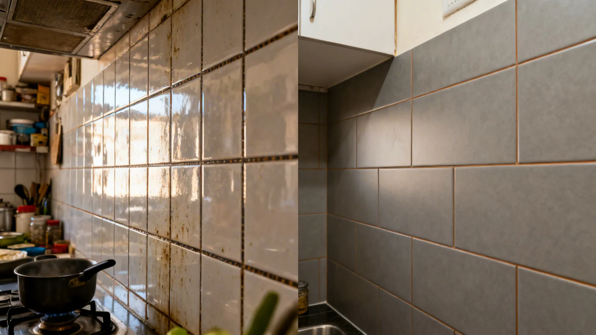 Before-after split showing glossy cluttered backsplash replaced with matte porcelain and epoxy grout.