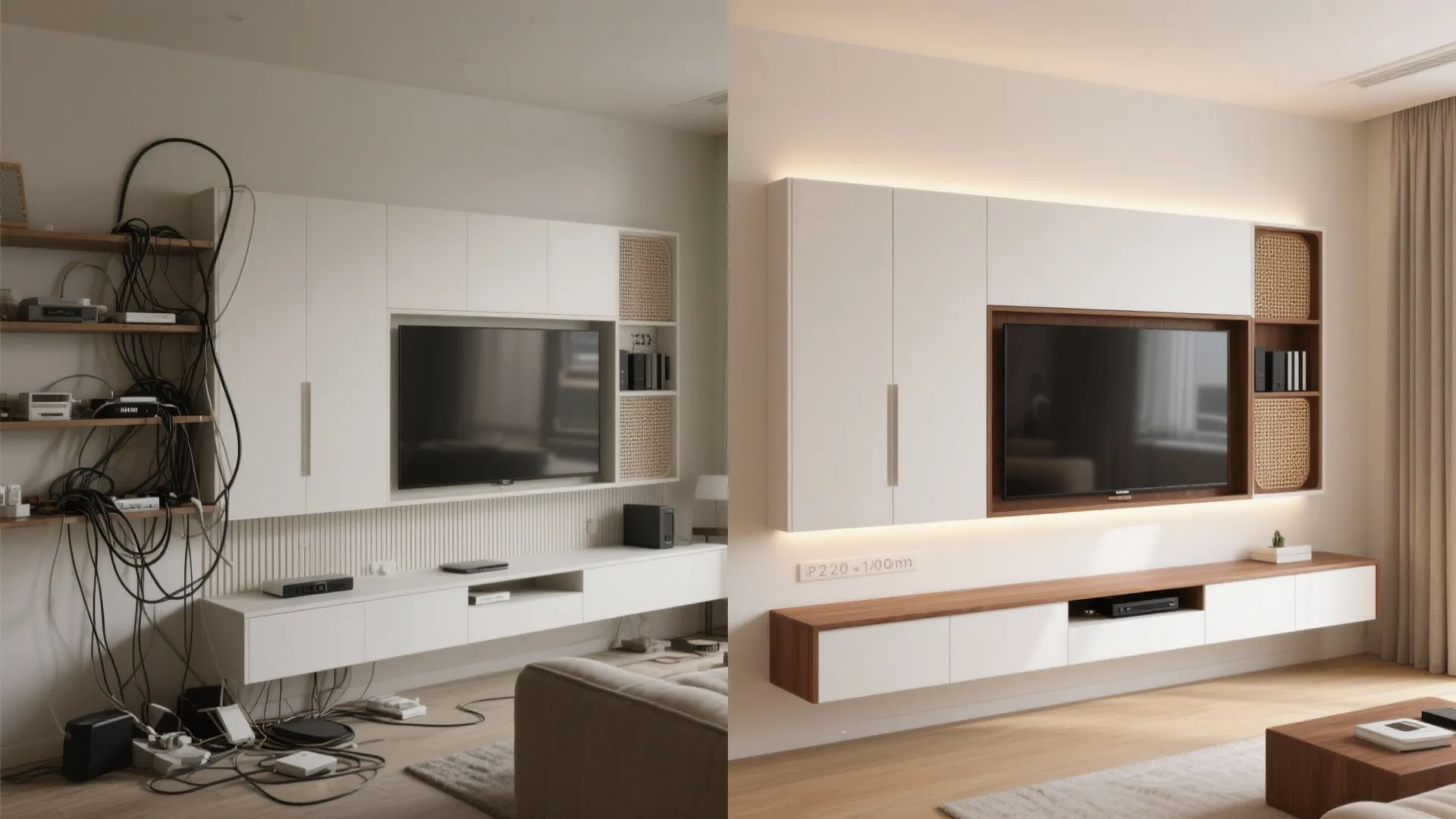 Minimalist media wall with concealed storage