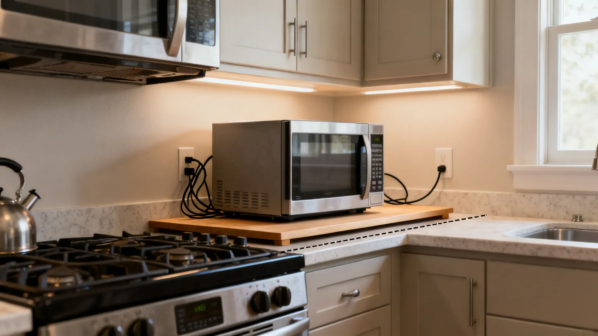 Before-and-after showing unsafe over-cooktop microwave vs. a safer counter station with landing space.