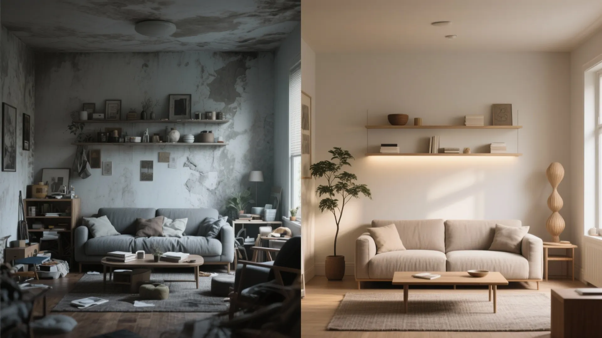 Before-and-after comparison of a messy dark living room transformed into a clean bright modern space