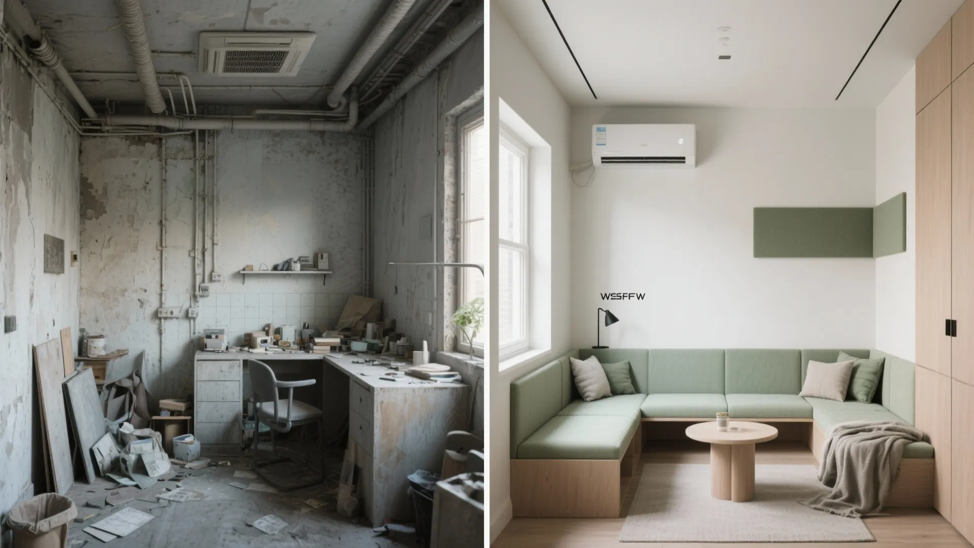 Before: cluttered, obstructed airflow; After: discreet mini split, clear paths, soft materials, and calm light.