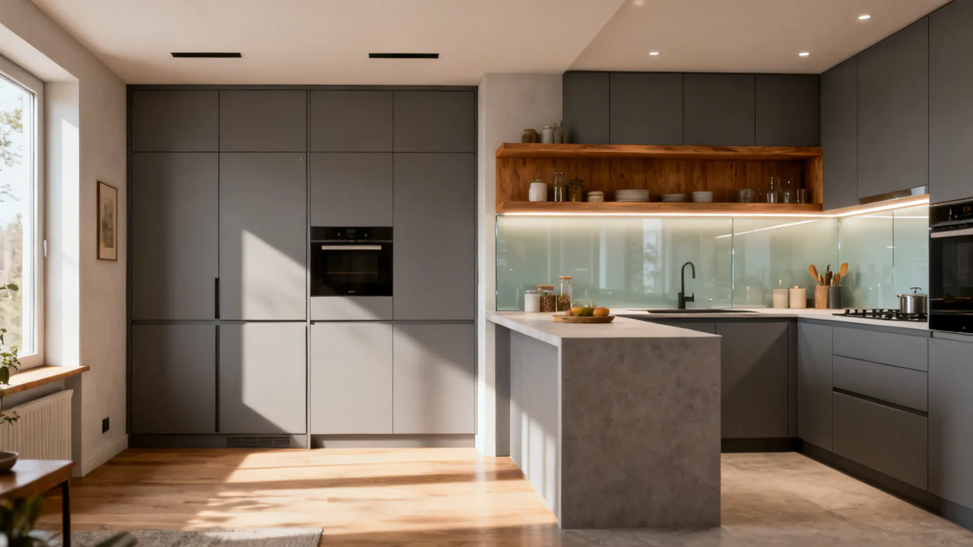 Before-and-after of a small kitchen transformed from bulky modular to airy custom modern.