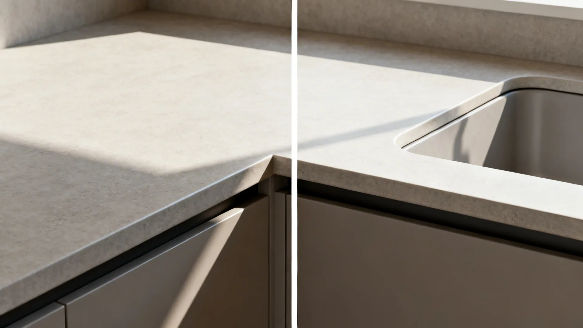 Before-and-after of a small galley kitchen showing refined countertop edges.