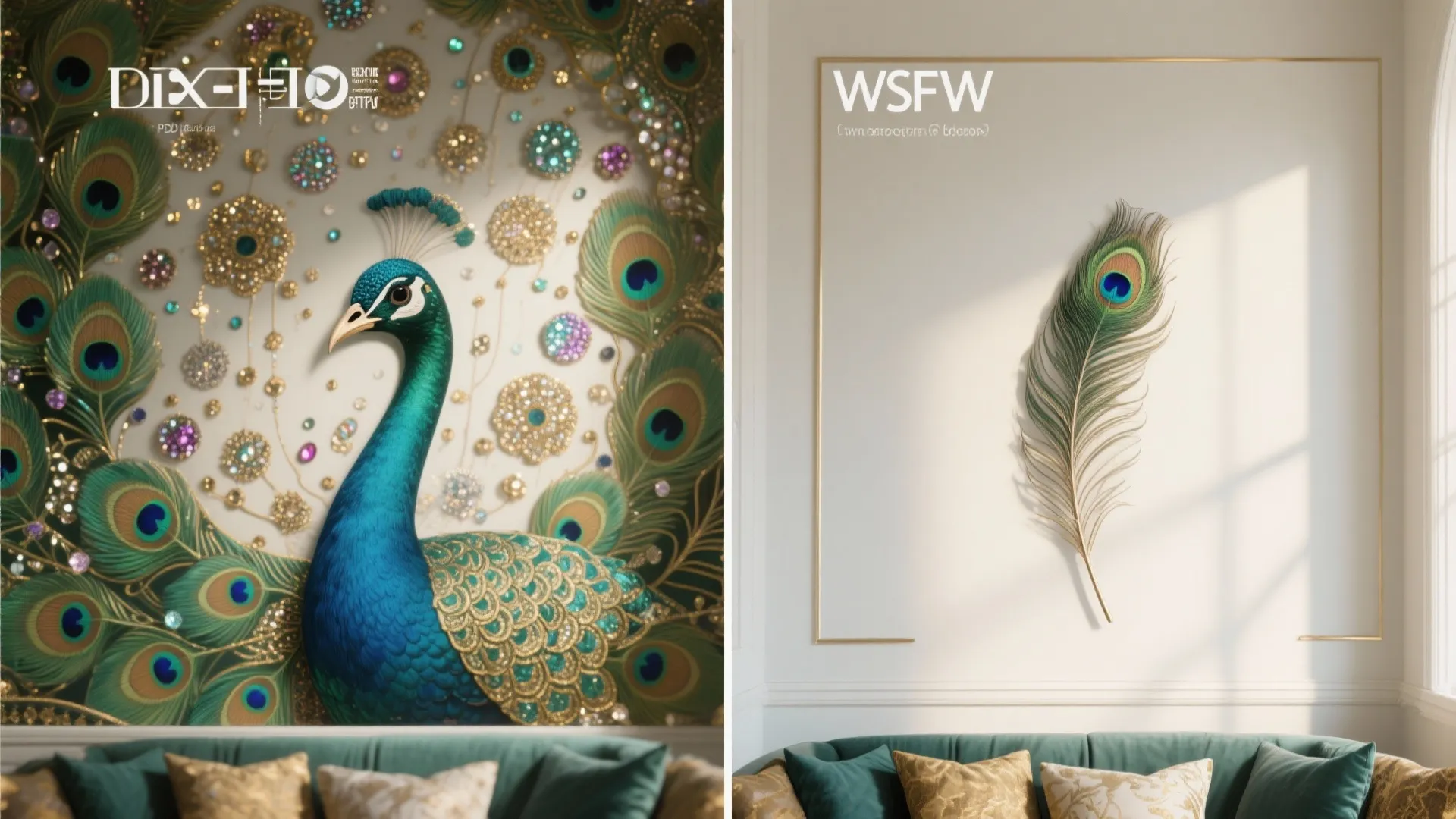 Comparison between a colorful peacock wall pattern and a clean peacock feather for living rooms