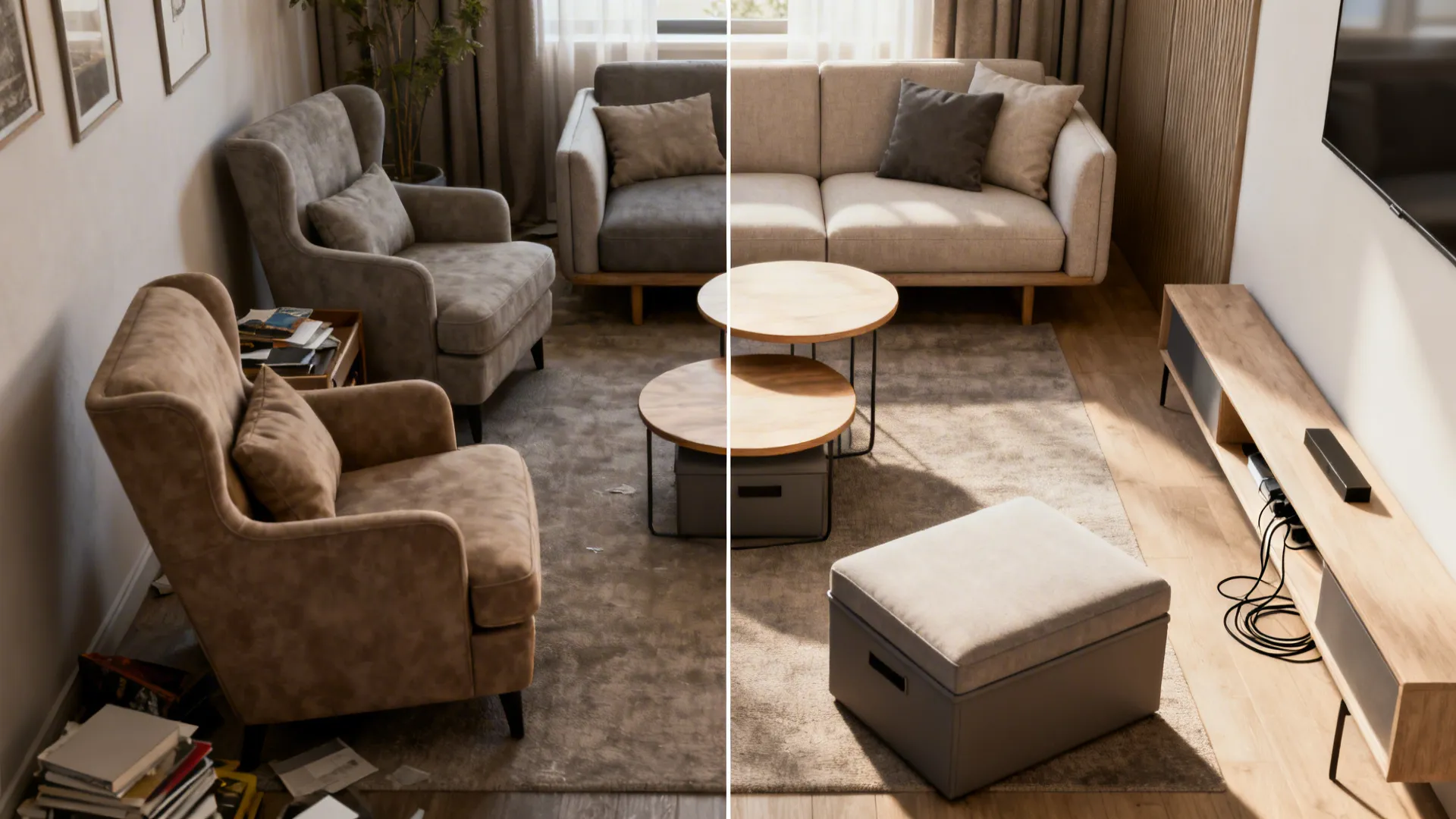 Before-and-after of a small living room changing from bulky seating to nested, storage-rich pieces.