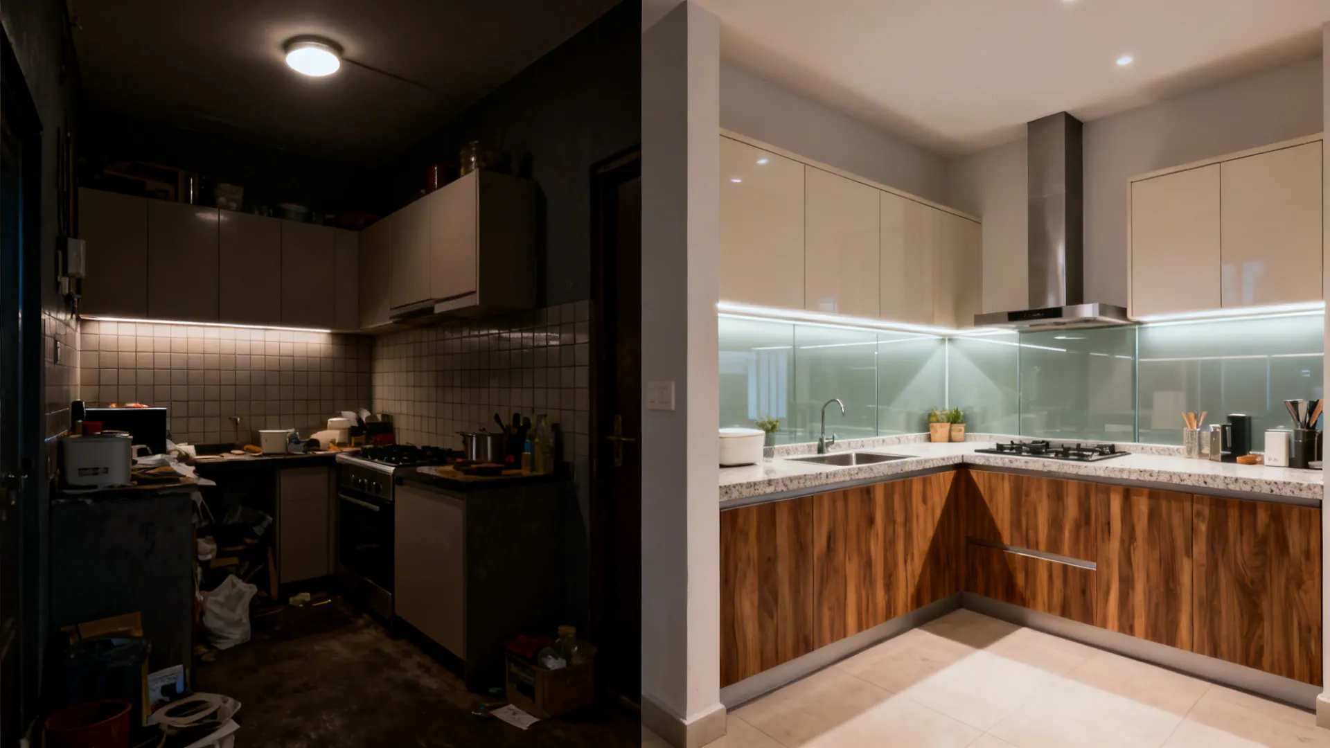 Before and after comparison of a dark messy kitchen and a renovated bright modern kitchen