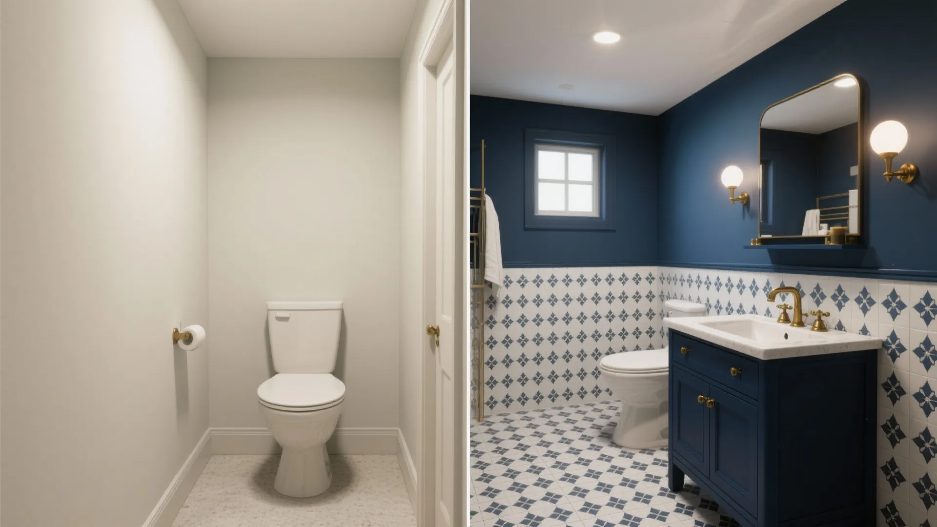 Before-and-after comparison of a plain small toilet room versus a renovated navy blue bathroom design