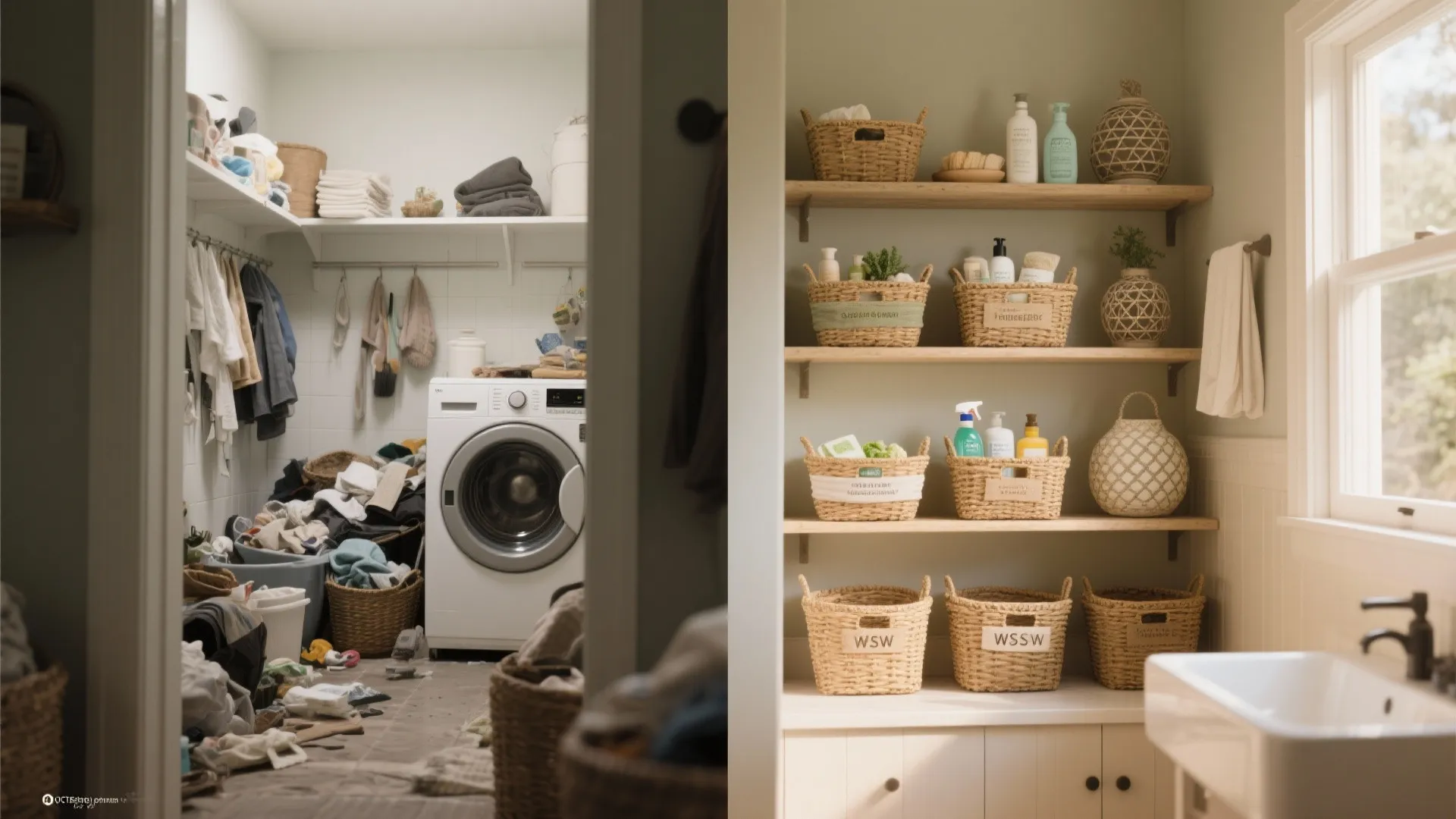 Before and after comparison of messy laundry room transformed into organized space with woven storage baskets