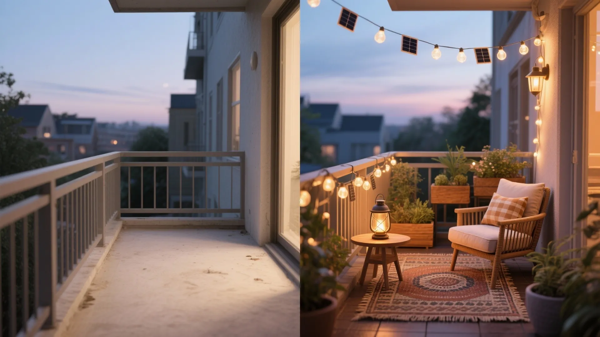 Before-and-after comparison of an empty balcony versus a cozy space with chair, rug, and lights
