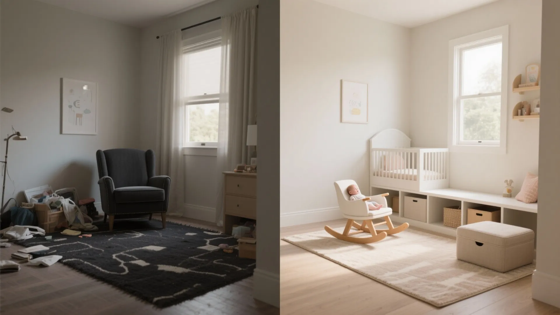 Before and after comparison showing a messy dark room transformed into a bright clean nursery