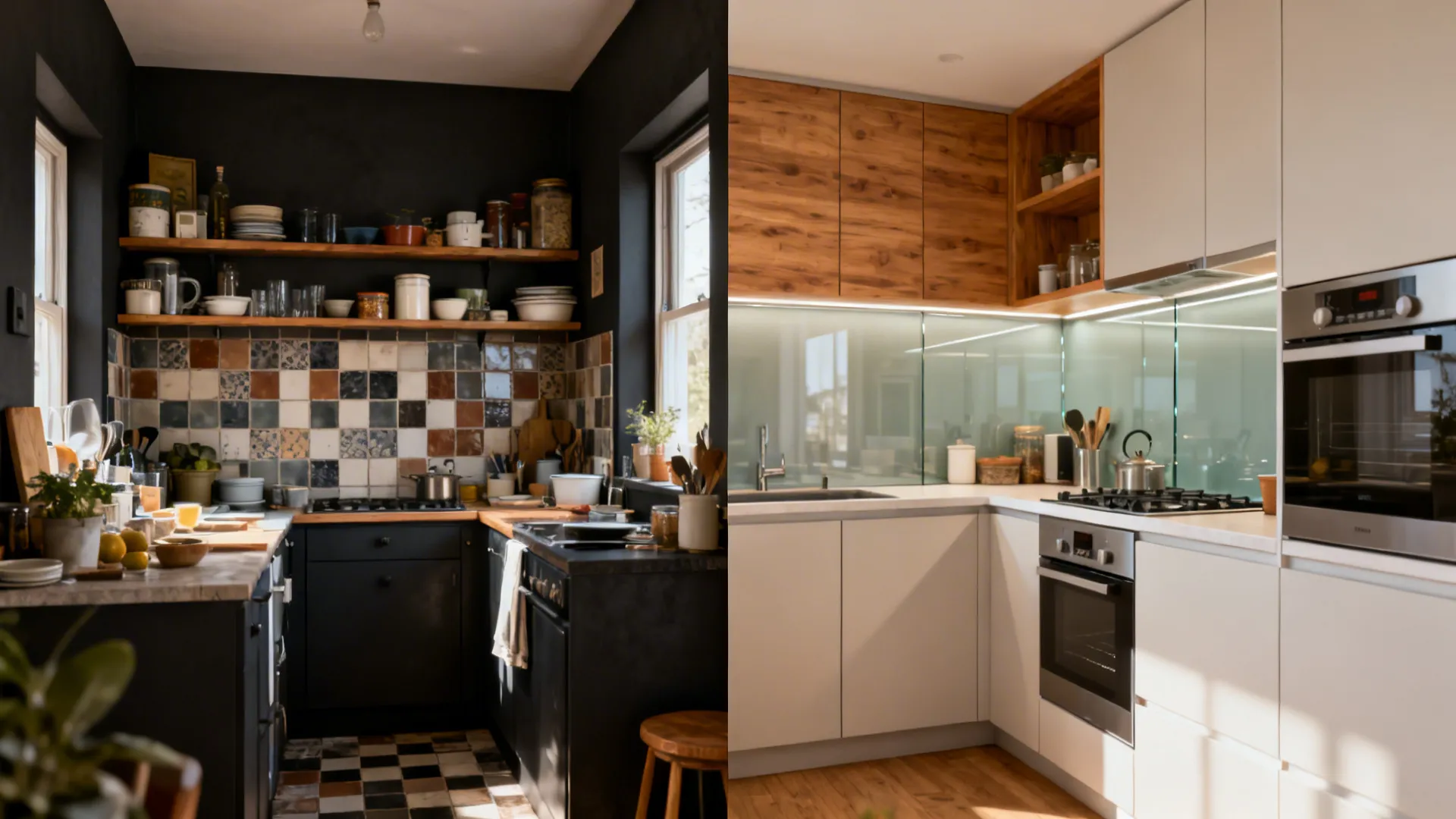 Before-and-after of a small NZ kitchen showing a shift from cluttered to minimalist, brighter design.