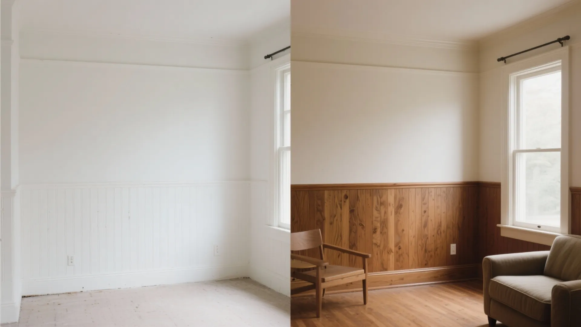 Before and after room comparison showing white wall panel replaced with natural wood wall panel design