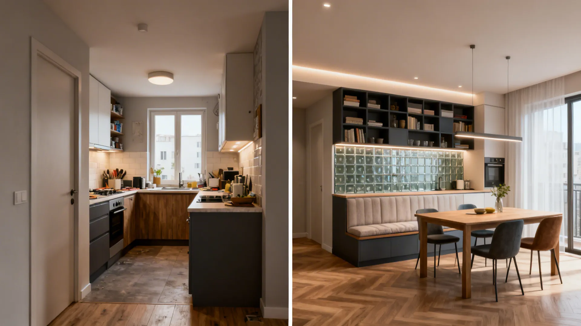 Before-and-after comparison showing old dark kitchen transformed into bright modern dining room with wood floors