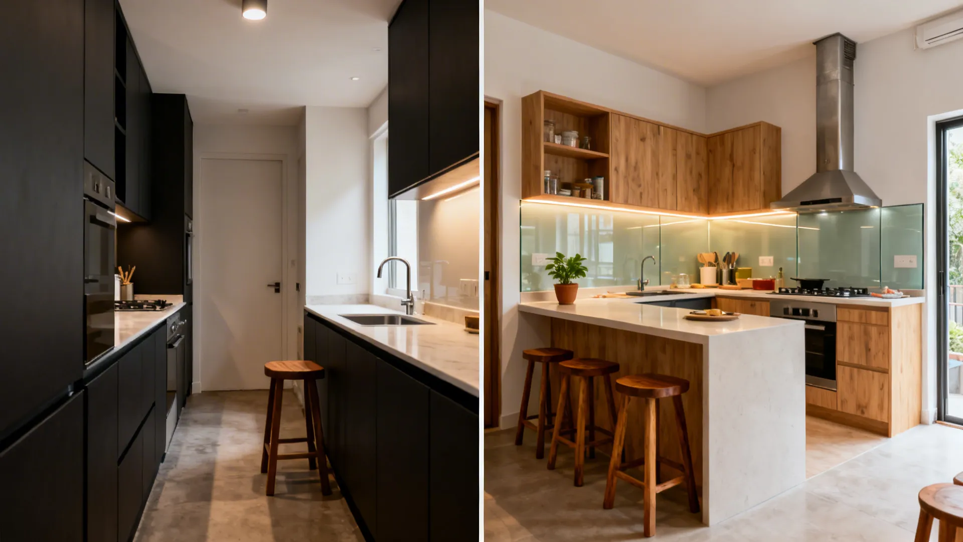 Before-and-after of a dark galley kitchen transformed into a bright L-shaped open kitchen with dining.