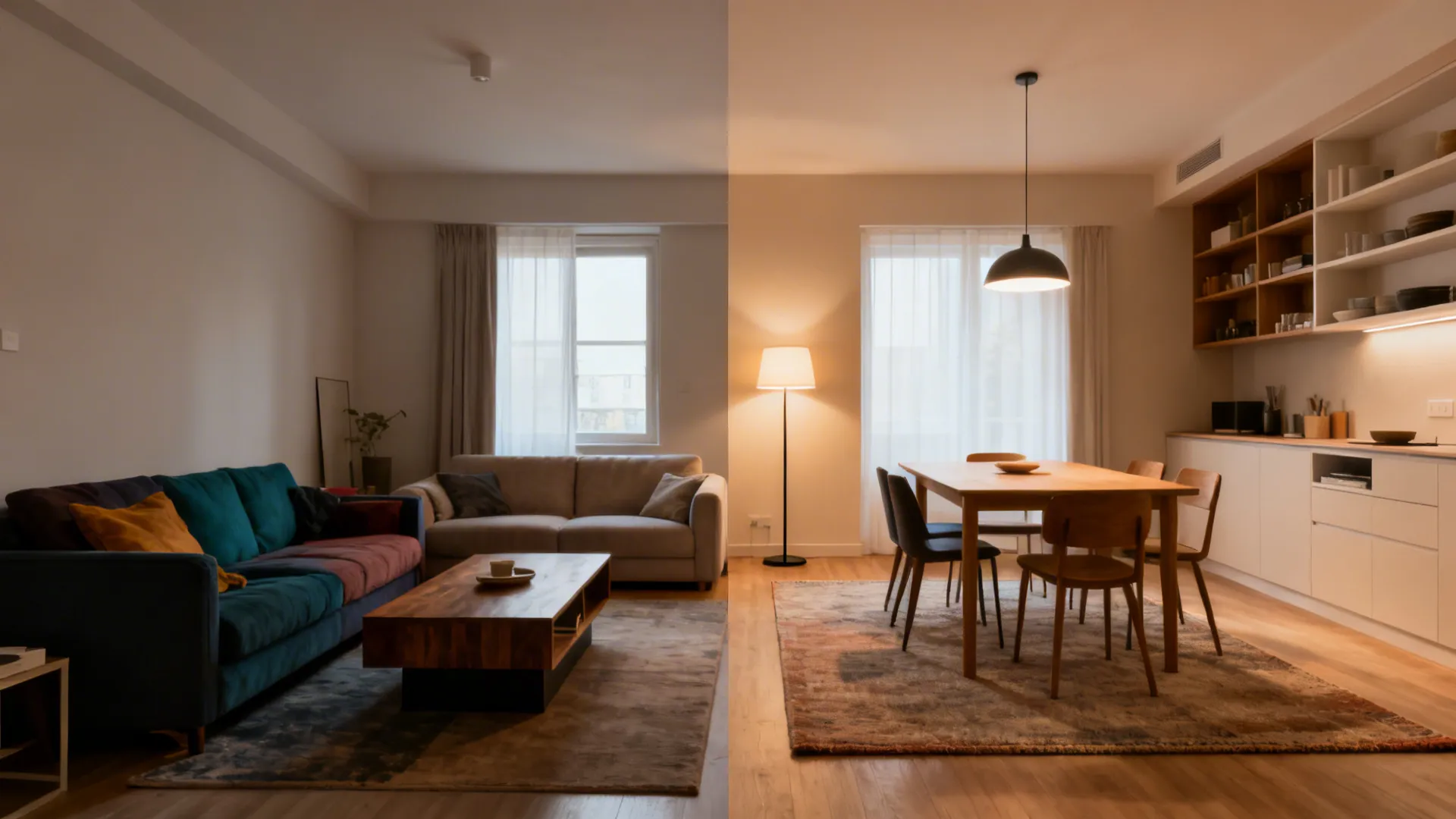 Split view showing a cluttered open-plan before and a warm minimal after with shared rug and layered lighting.