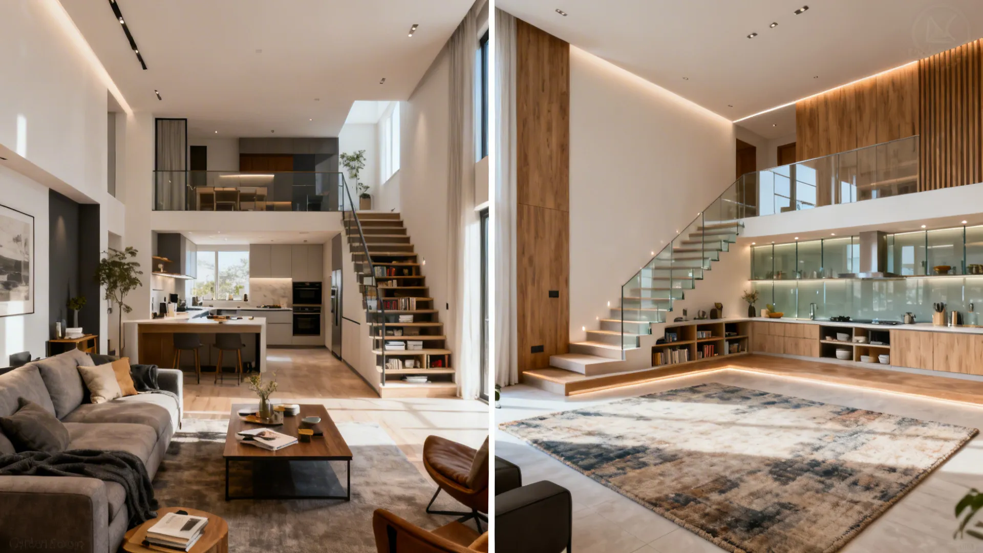 Before-and-after of an open-plan living room with stairs and kitchen showing bright, cohesive redesign.