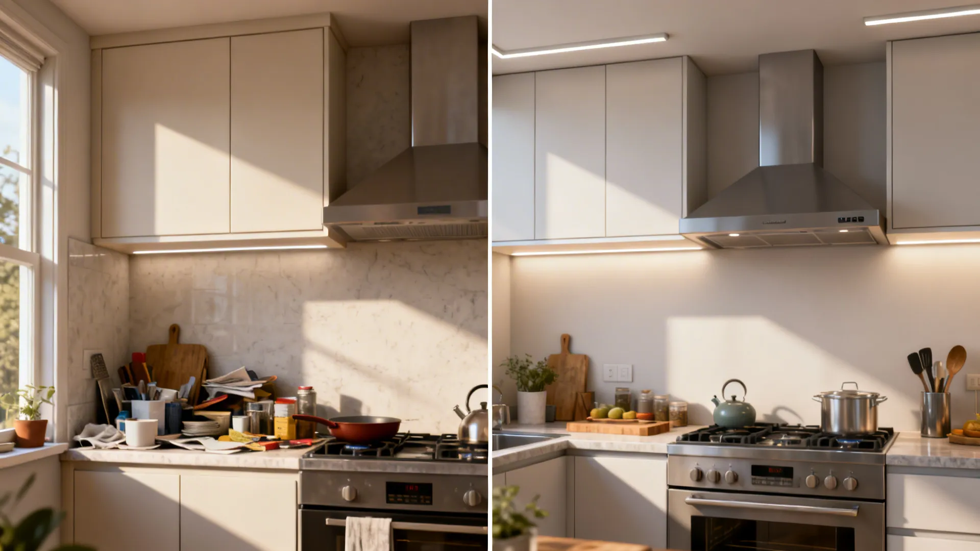 Before-and-after of small kitchen overheads showing improved heights, lighting, and clearances.