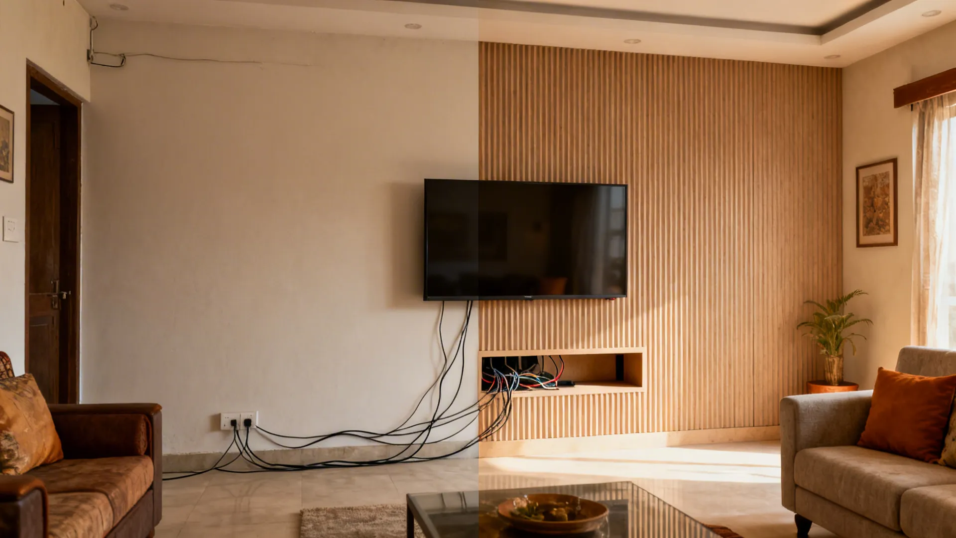 Before-and-after of a small living room wall transformed with a matte fluted MDF TV panel and hidden cables.