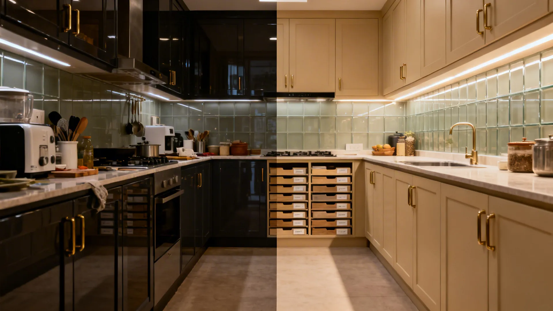 Before and after comparison of a dark kitchen versus a light kitchen with gold cabinet hardware