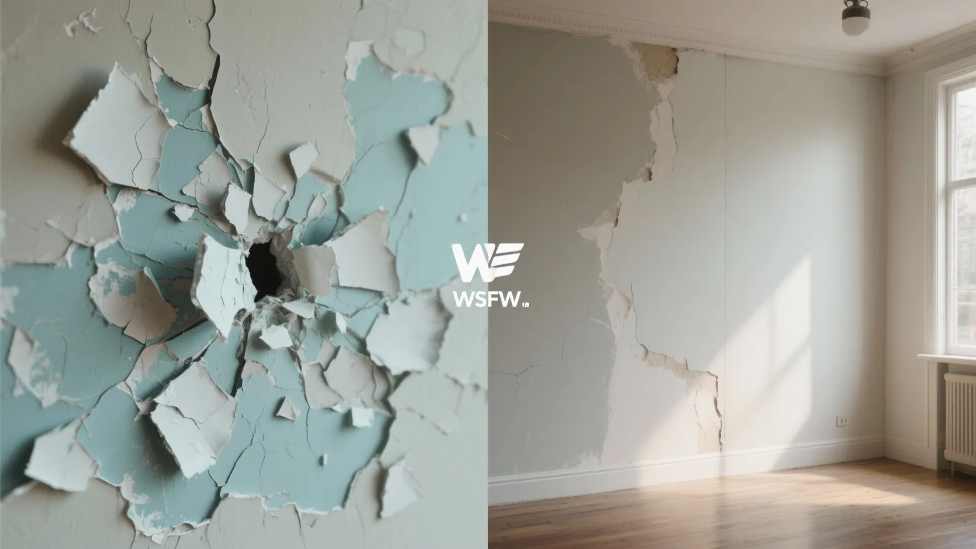 Before and after comparison showing a ripped paint wall and a repaired, finished wall.