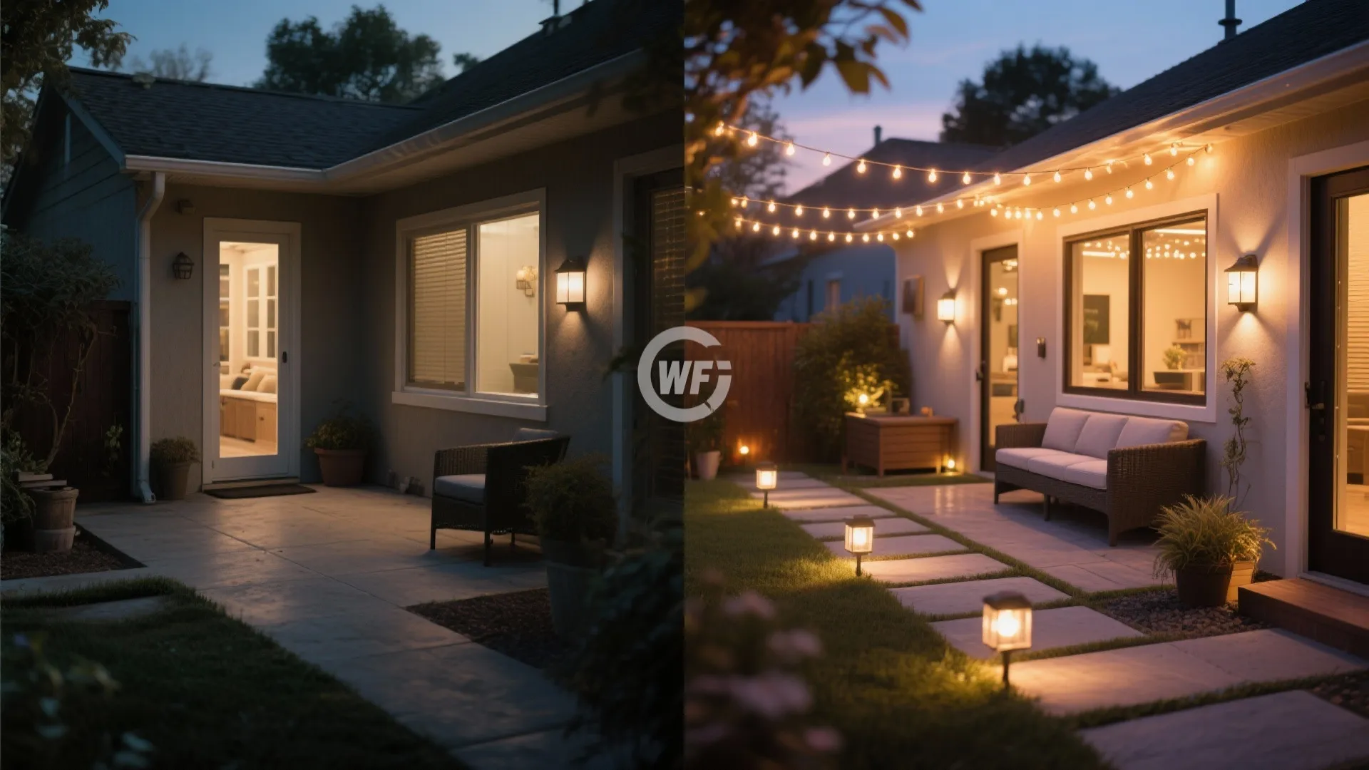 Before and after view of a small patio showing the impact of a layered lighting plan