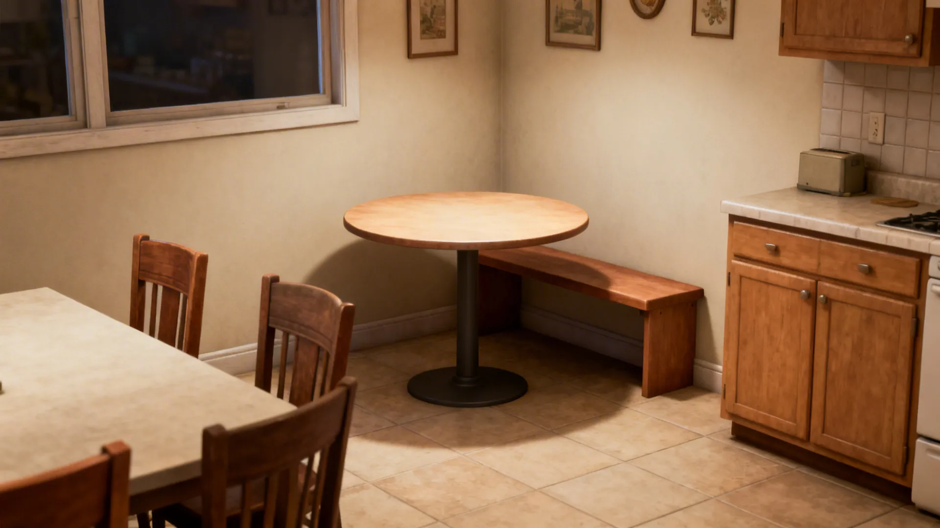Before with bulky chairs vs after with a round pedestal table and backless bench.