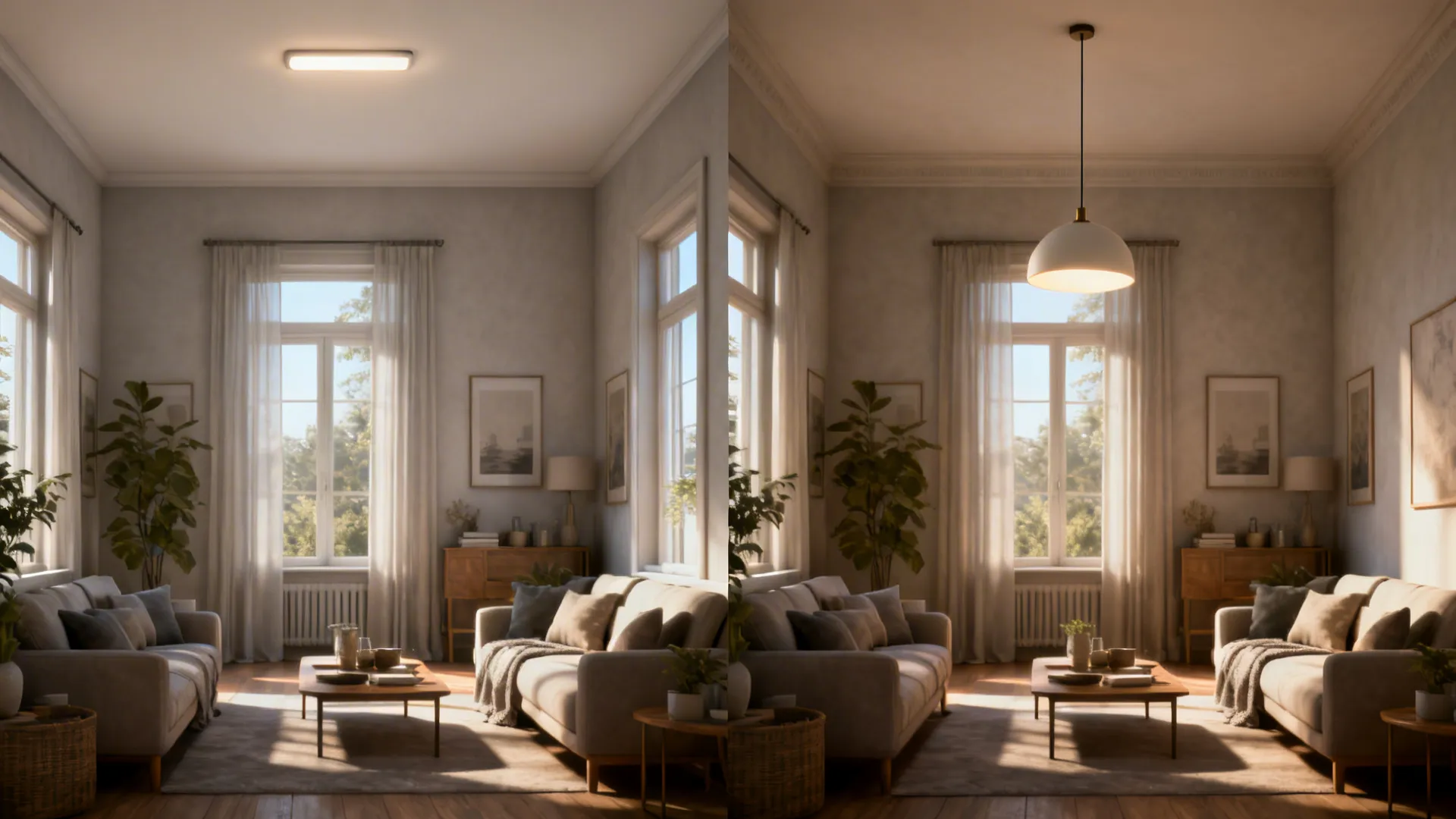 Before-and-after showing the impact of adding a pendant at the correct drop height in a living room.