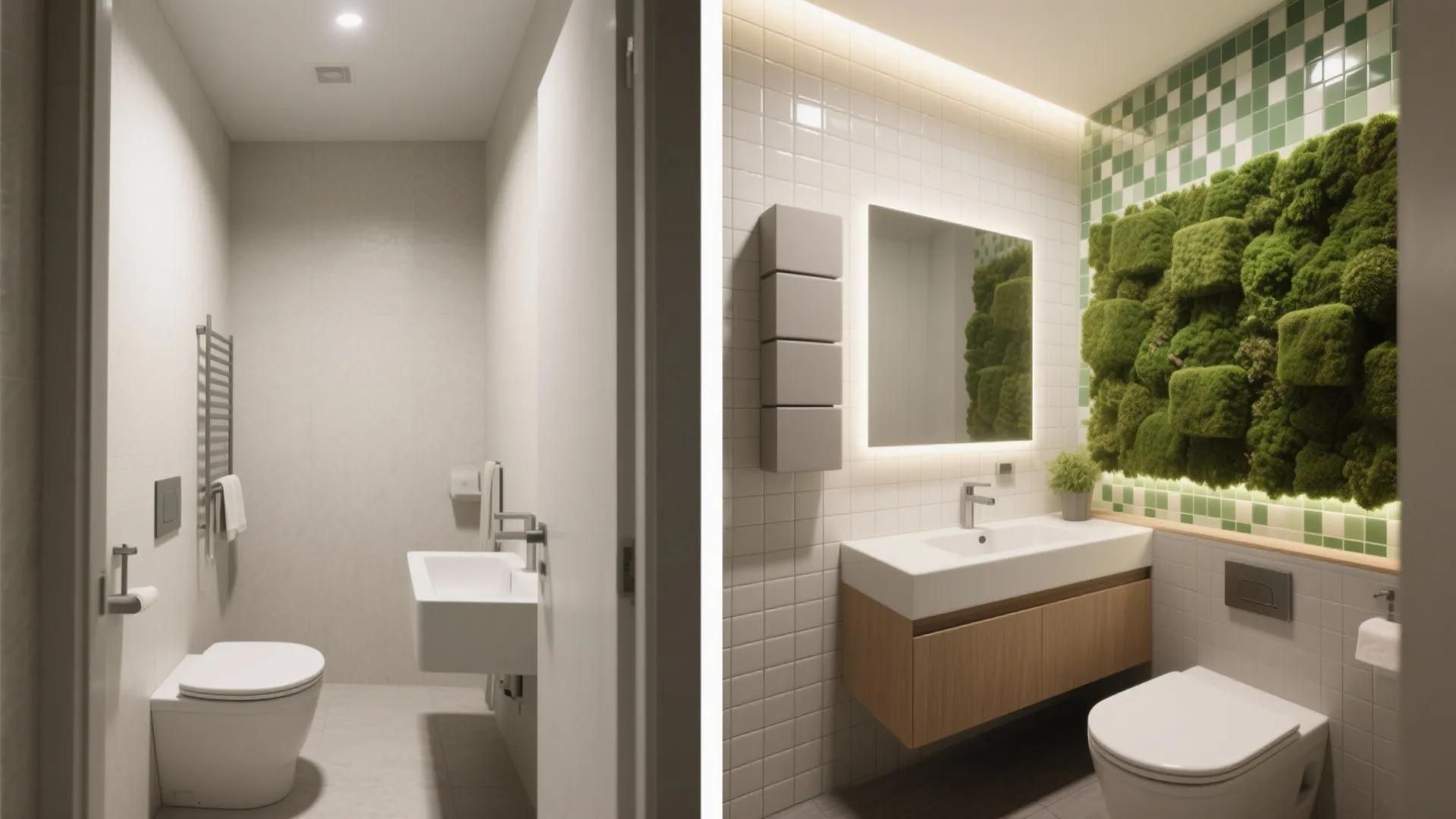 Before and after comparison of a simple white bathroom and a modern green mossy bathroom