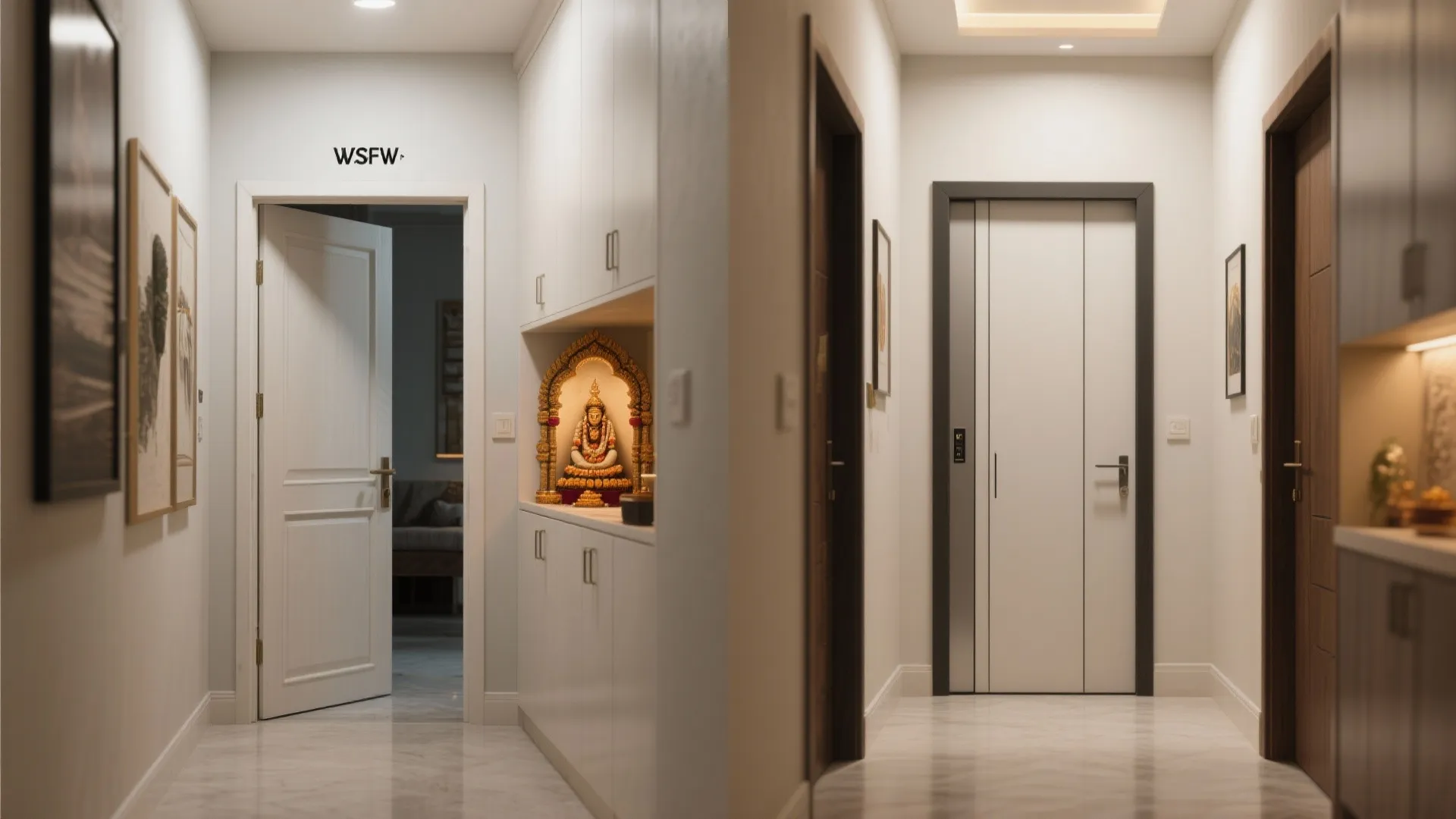 Before-and-after view showing a swing door replaced by a pocket door for a pooja niche.