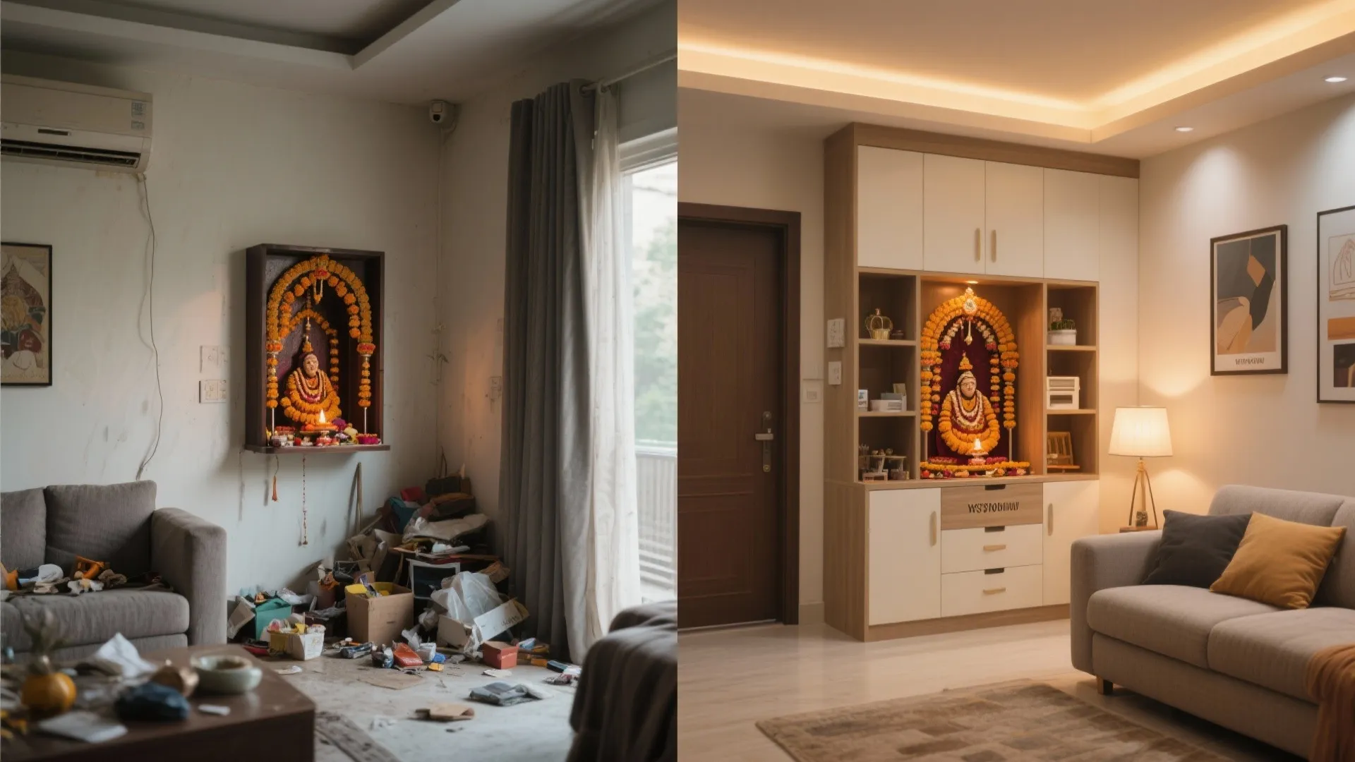 Before-and-after of a living room corner transformed into an organized pooja unit with warm light.