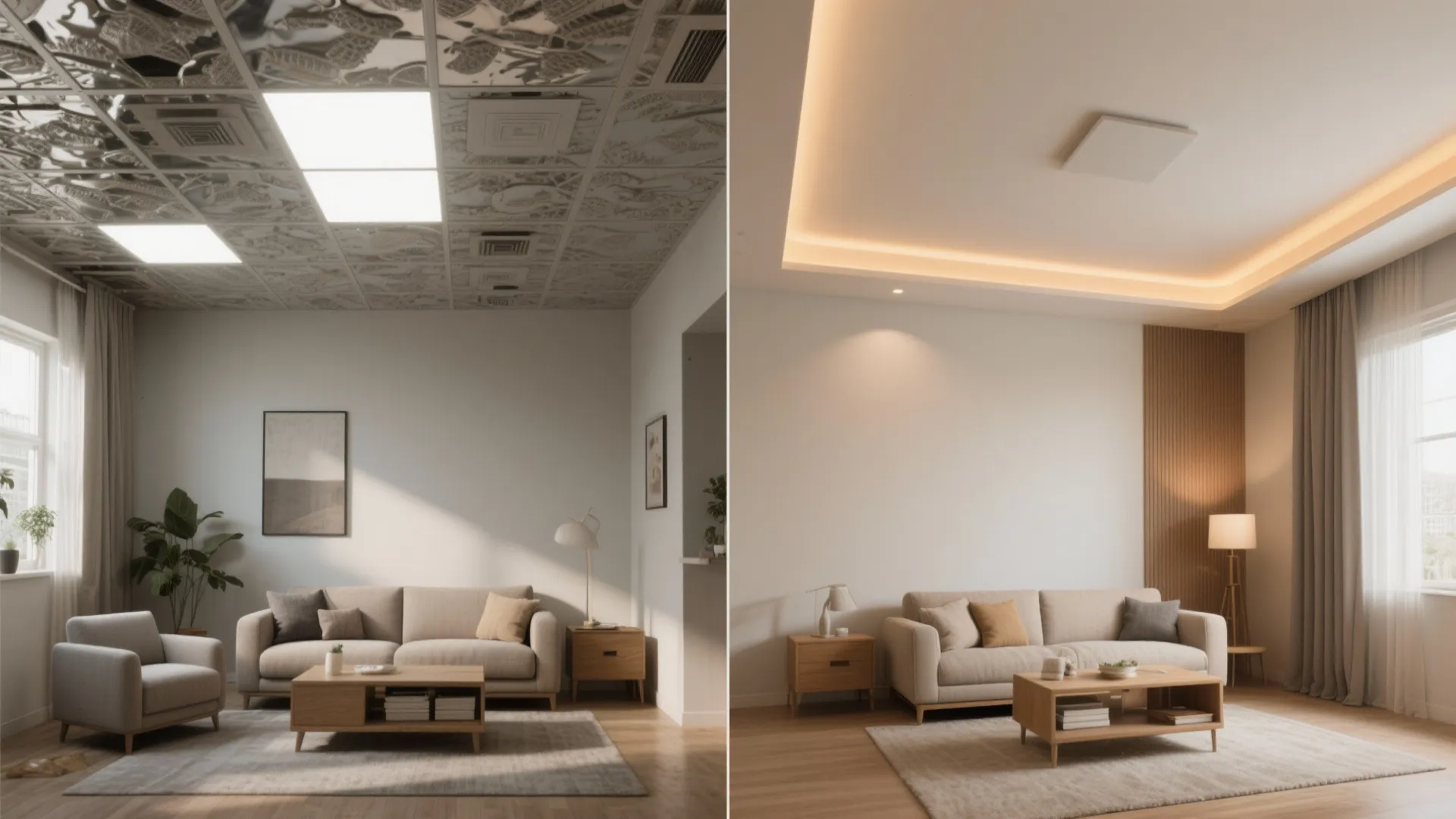 Before and after interior design comparison of a living room with old and new lighting