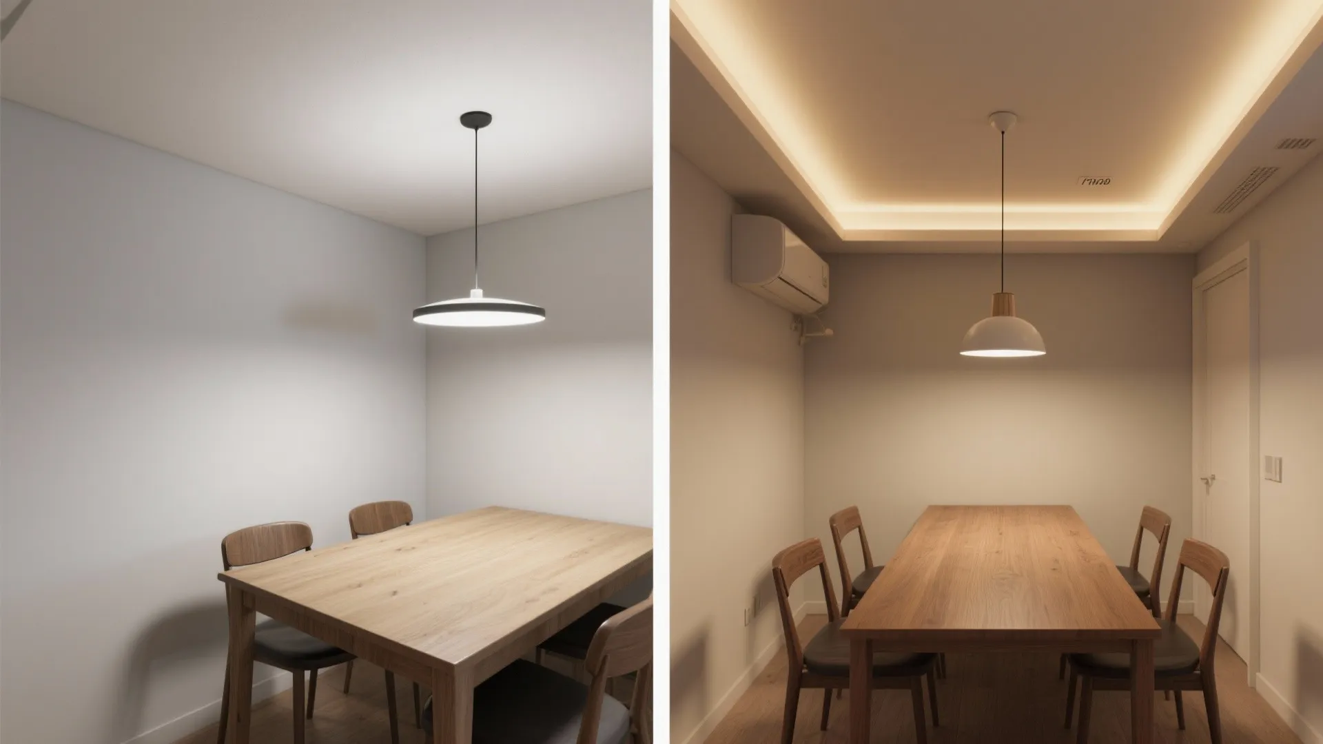 Before and after comparison of a dining room showing simple lighting versus a hidden light
