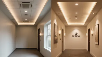 Modern Office Hallway Design with Warm Lighting & Brand Identity
